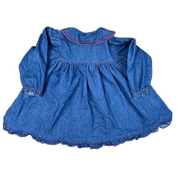 Vtg 90s Samara Girls 4T Cotton Chambray Embroidered Sailor Collar Ruffle Dress - Picture 2 of 3